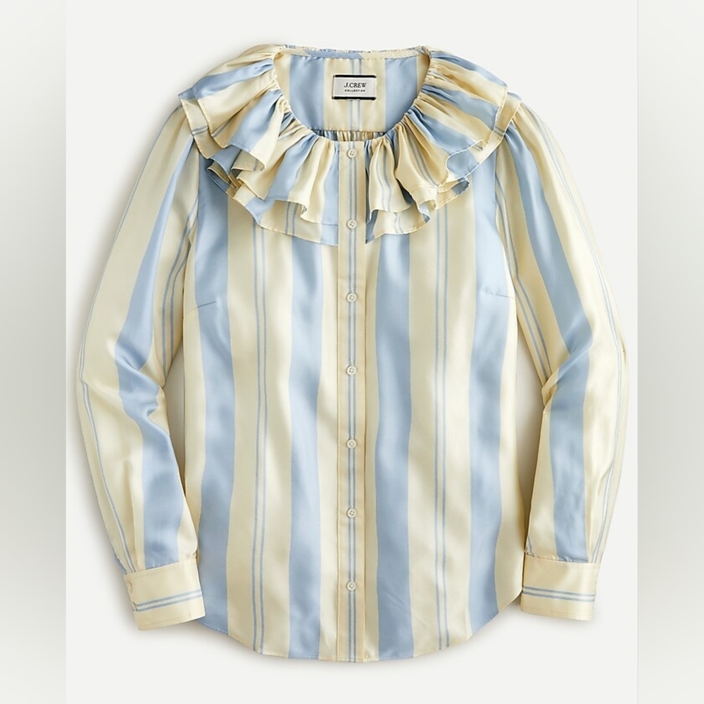 J. Crew Collection Ruffle-Collar Top in Striped Silk-Twill Size S